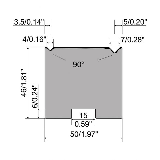 Centrovaná matrice 2-V typ R1 European řada A, celková výška=46mm, α=90°, rádius=0,4mm, materiál=C45,