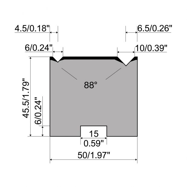 Centrovaná matrice 2-V typ R1 European řada A, celková výška=45,5mm, α=88°, rádius=0,4/0,6mm, materiá
