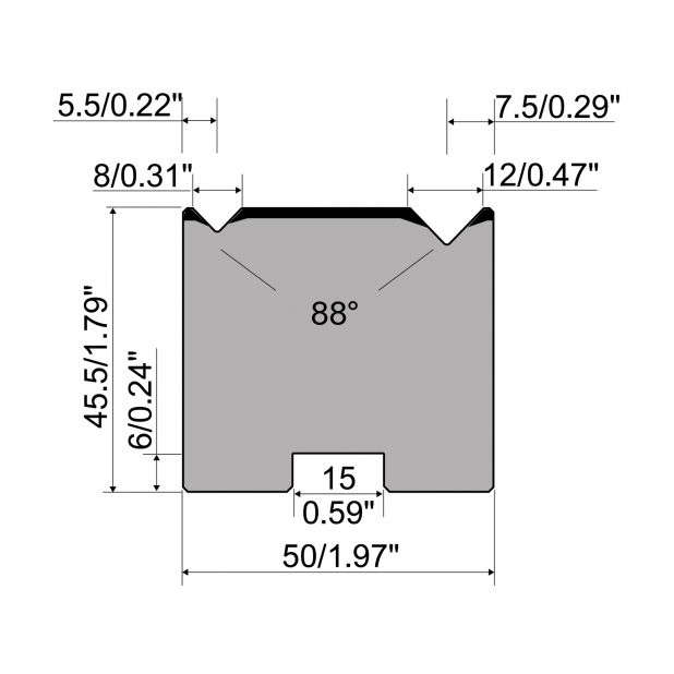 Centrovaná matrice 2-V typ R1 European řada A, celková výška=45,5mm, α=88°, rádius=0.5/0.8mm, materiá
