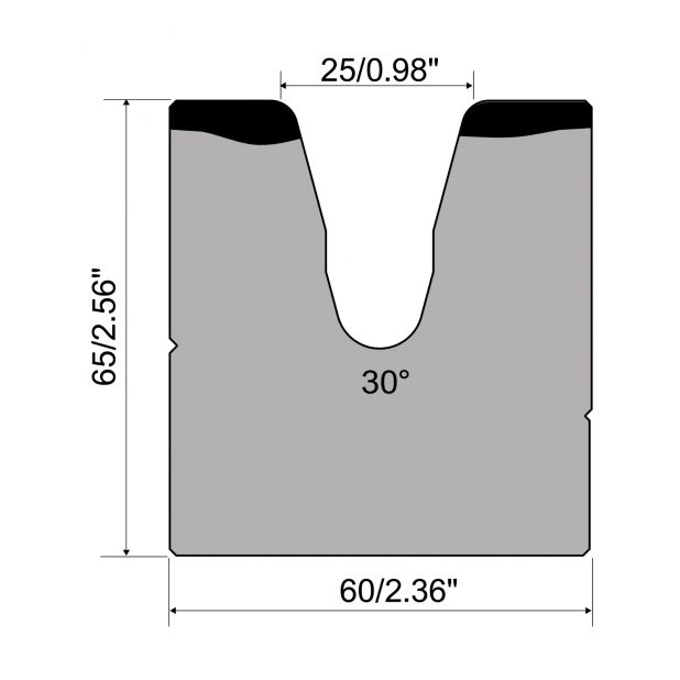 Matrice 1-V typ R1 European řada A, celková výška=65mm, α=30°, rádius=4mm, materiál=C45, max. zatíže