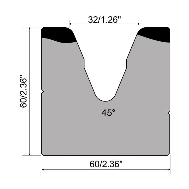 Matrice 1-V typ R1 European řada A, celková výška=60mm, α=45°, rádius=5mm, materiál=C45, max. zatíže