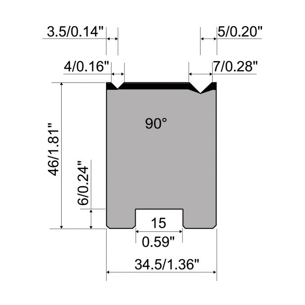 Centrovaná matrice 2-V typ R1 European, výška=46mm, α=90°, rádius=0.3/0.5mm, materiál=C45, max. zatíž