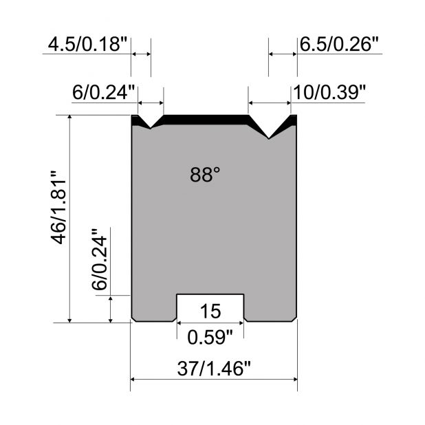 Centrovaná matrice 2-V typ R1 European, výška=46mm, α=88°, rádius=0.4/0.6mm, materiál=C45, max. zatíž