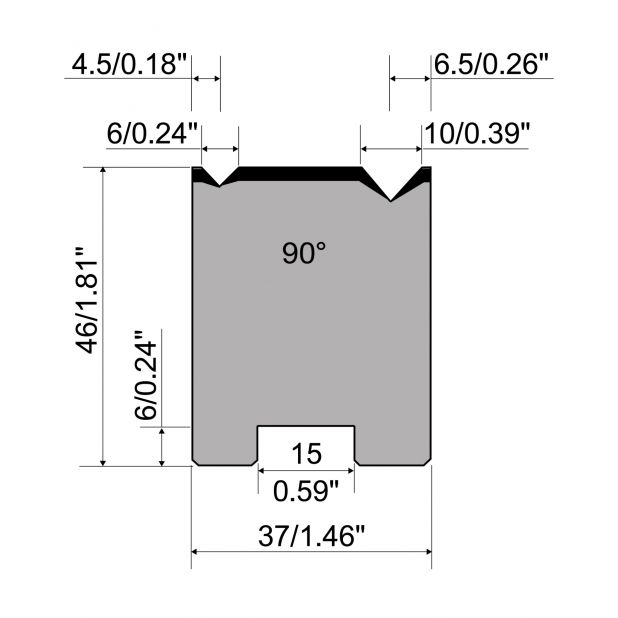 Centrovaná matrice 2-V typ R1 European, výška=46mm, α=90°, rádius=0.4/0.6mm, materiál=C45, max. zatíž
