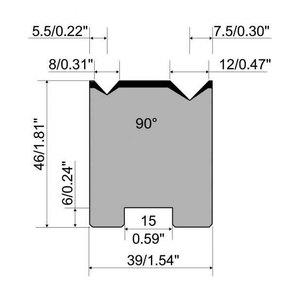 Centrovaná matrice 2-V typ R1 European, výška=46mm, α=90°, rádius=0.5/0.8mm, materiál=C45, max. zatíž