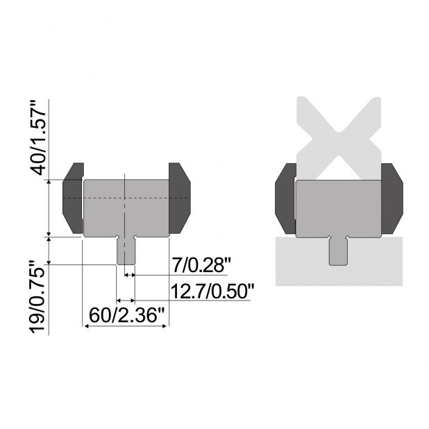 Spodní adaptér s materiál = C45, maximální zatížení = 1000 kN/m. Ideální pro použití matric s 60 m