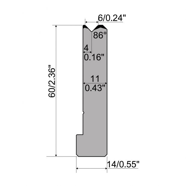 Matrice typ R1 řada CFH, pracovní výška=mm, α=86°, rádius=1,5mm, materiál=42cr, max. zatížení=800kN