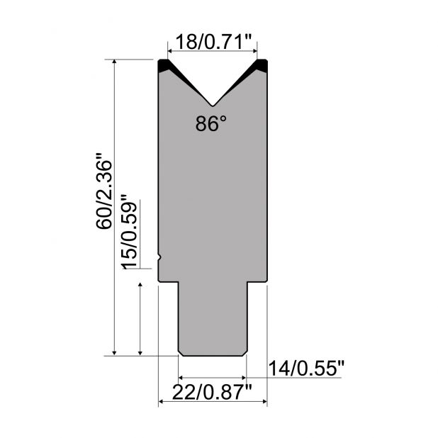 Matrice typ R1 řada CFH, pracovní výška=60mm, α=86°, rádius=2,5mm, materiál=42cr, max. zatížení=100