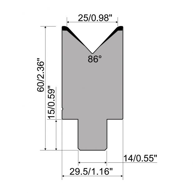 Matrice typ R1 řada CFH, pracovní výška=60mm, α=86°, rádius=3mm, materiál=42cr, max. zatížení=1000k
