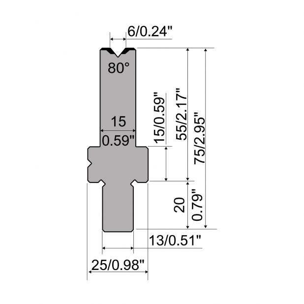 Matrice typ R2, pracovní výška=55mm, α=80°, rádius=0,4mm, materiál=42Cr, max. zatížení=1150kN/m.