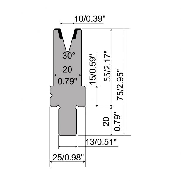 Matrice typ R2, pracovní výška=55mm, α=30°, rádius=1mm, materiál=42Cr, max. zatížení=350kN/m.