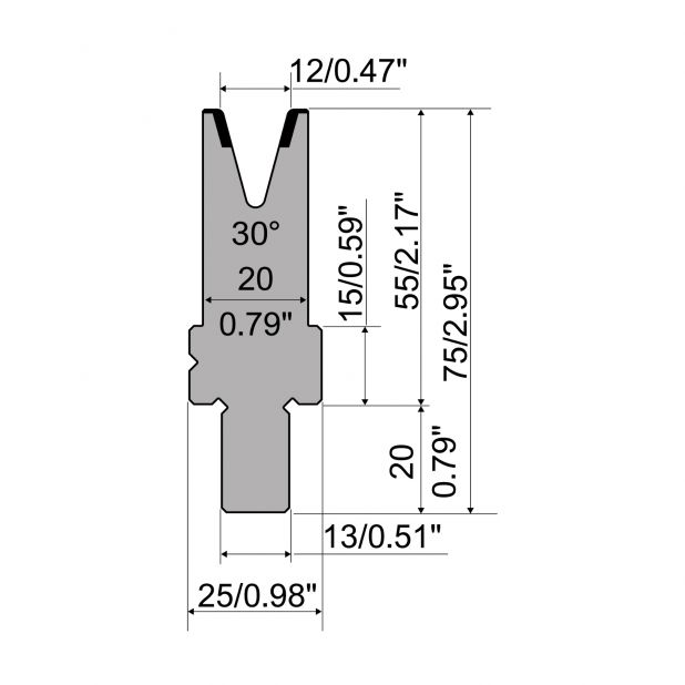 Matrice typ R2, pracovní výška=55mm, α=30°, rádius=1,5mm, materiál=42Cr, max. zatížení=300kN/m.