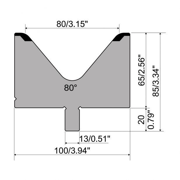 Matrice typ R2, pracovní výška=65mm, α=80°, rádius=10mm, materiál=42Cr, max. zatížení=1700kN/m.