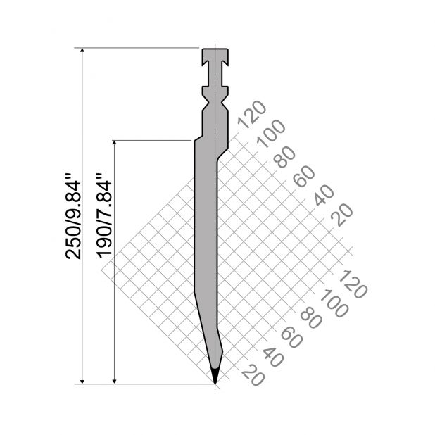 Razník typ R3 řada RFA, pracovní výška=190mm, α=26°, rádius=1mm, materiál=42cr, max. zatížení=1000