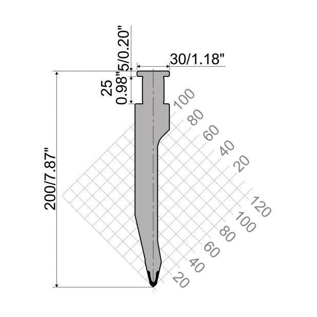 Razník typ R9 Gasparini, výška = 200mm, α = 26°, poloměr = 3mm, materiál = 42cr, maximální zatížen