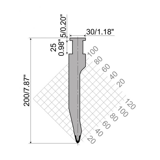 Razník typ R9 Gasparini, výška = 200mm, α = 26°, poloměr = 6mm, materiál = 42cr, maximální zatížen