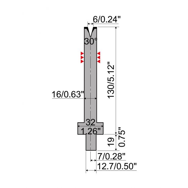 Matrice typ R4, pracovní výška=130mm, α=30°, rádius=0,8mm, materiál=42Cr, max. zatížení=200kN/m.