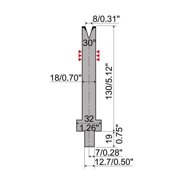 Matrice typ R4, pracovní výška=130mm, α=30°, rádius=1mm, materiál=42Cr, max. zatížení=220kN/m.