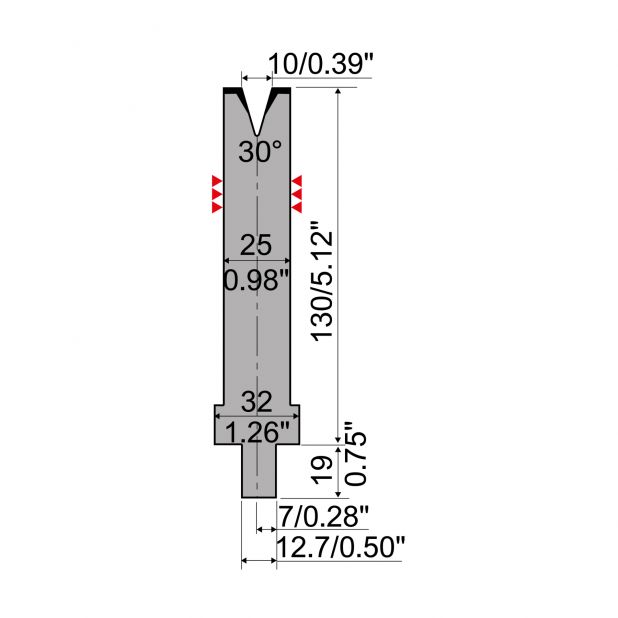 Matrice typ R4, pracovní výška=130mm, α=30°, rádius=1,2mm, materiál=42Cr, max. zatížení=300kN/m.