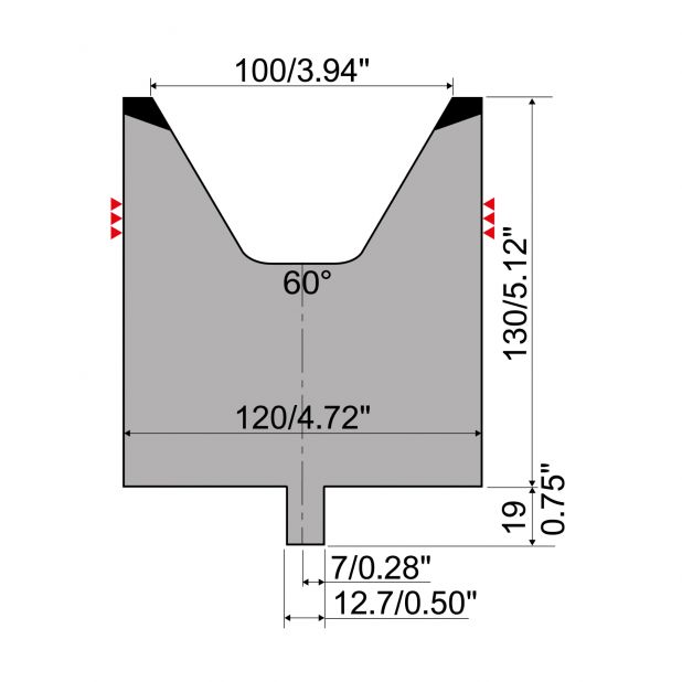 Matrice typ R4, pracovní výška=130mm, α=60°, rádius=8mm, materiál=42Cr, max. zatížení=1600kN/m.