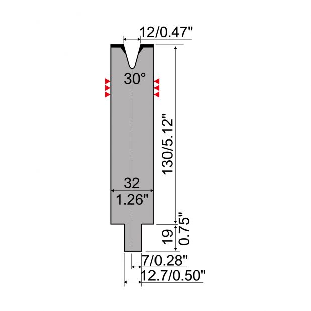 Matrice typ R4, pracovní výška=130mm, α=30°, rádius=2mm, materiál=42Cr, max. zatížení=380kN/m.