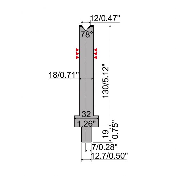 Matrice typ R4, pracovní výška=130mm, α=78°, rádius=2mm, materiál=42Cr, max. zatížení=600kN/m.