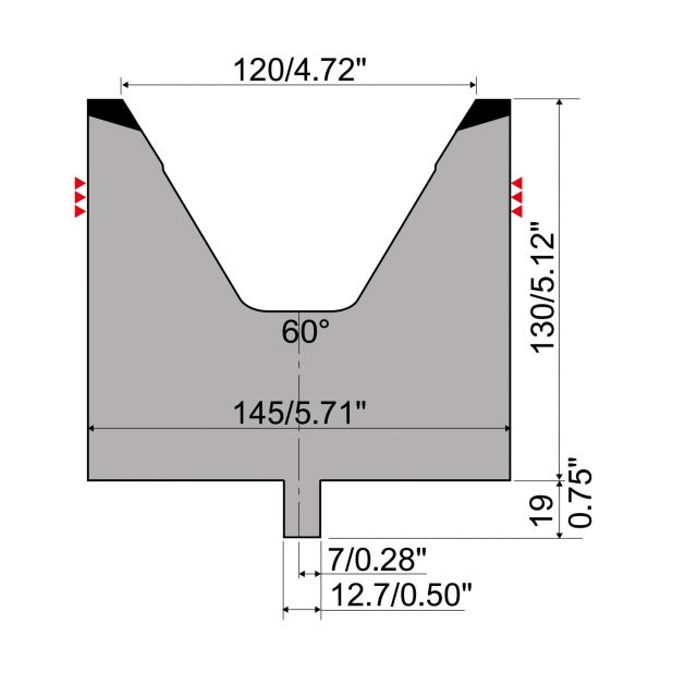 Matrice typ R4, pracovní výška=130mm, α=60°, rádius=8mm, materiál=42Cr, max. zatížení=1300kN/m.