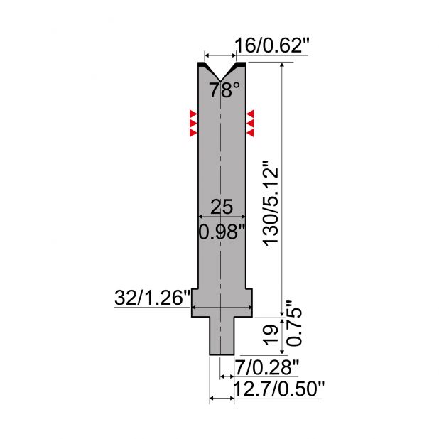 Matrice typ R4, pracovní výška=130mm, α=78°, rádius=3mm, materiál=42Cr, max. zatížení=800kN/m.