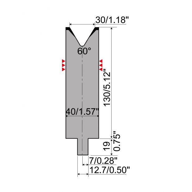Matrice typ R4, pracovní výška=130mm, α=60°, rádius=3mm, materiál=42Cr, max. zatížení=500kN/m.