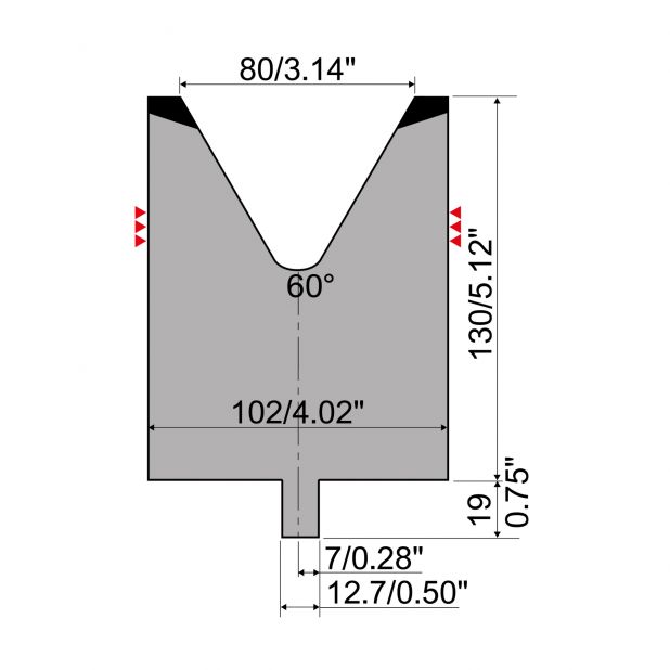 Matrice typ R4, pracovní výška=130mm, α=60°, rádius=8mm, materiál=42Cr, max. zatížení=1750kN/m.
