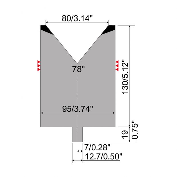 Matrice typ R4, pracovní výška=130mm, α=78°, rádius=5mm, materiál=42Cr, max. zatížení=1500kN/m.