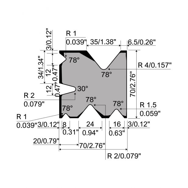 Matice typ Multi-V R4,  výška= = 70mm, α = 30-78°, materiál = 42cr, maximální zatížení = 950-1600 kN