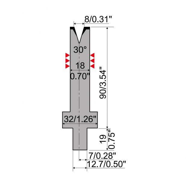 Matrice typ R4, pracovní výška=90mm, α=30°, rádius=1mm, materiál=42Cr, max. zatížení=220kN/m.