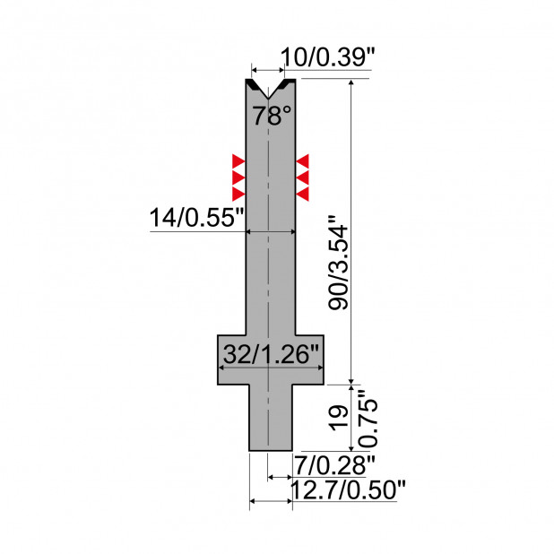 Matrice typ R4, pracovní výška=90mm, α=78°, rádius=1mm, materiál=42Cr, max. zatížení=500kN/m.