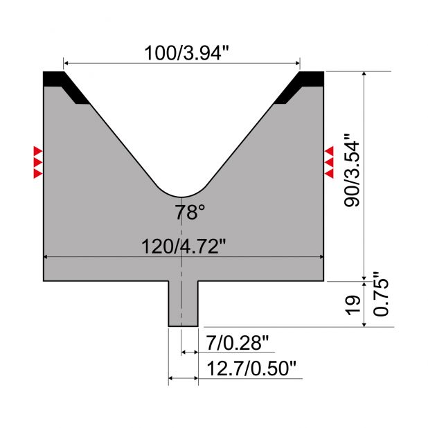 Matrice typ R4, pracovní výška=90mm, α=78°, rádius=8mm, materiál=42Cr, max. zatížení=1200kN/m.