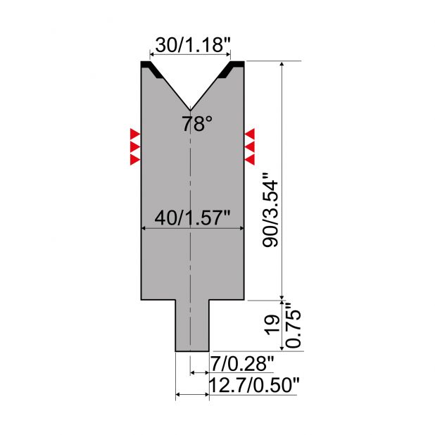 Matrice typ R4, pracovní výška=90mm, α=78°, rádius=3mm, materiál=42Cr, max. zatížení=1100kN/m.