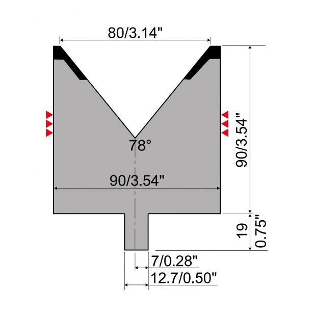 Matrice typ R4, pracovní výška=90mm, α=78°, rádius=5mm, materiál=42Cr, max. zatížení=1500kN/m.