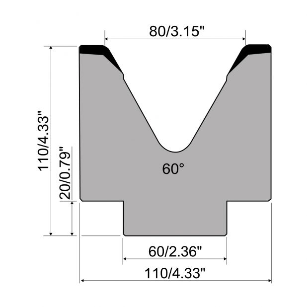 Matrice 1-V typ R1 European, výška=110mm, α=60°, rádius=6mm, materiál=C45, max. zatížení=1000kN/m.