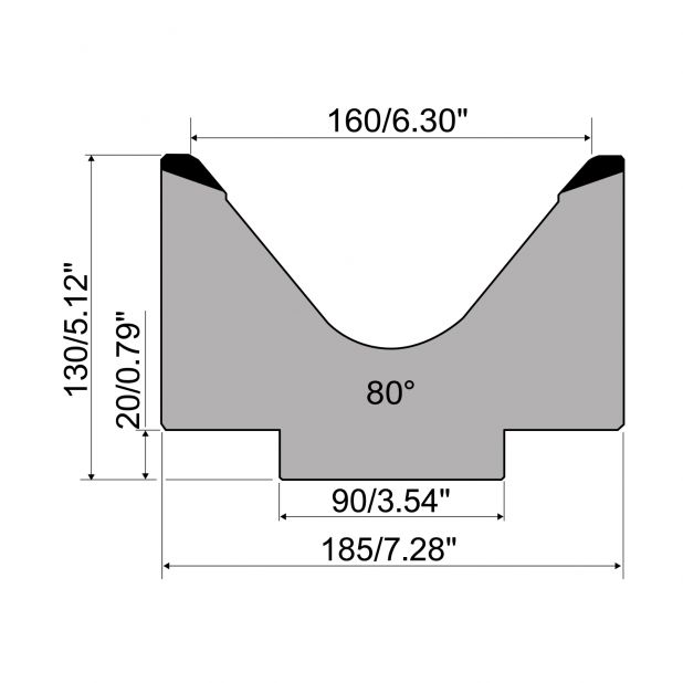 Matrice 1-V typ R1 European, výška=130mm, α=80°, rádius=10mm, materiál=C45, max. zatížení=1000kN/m.