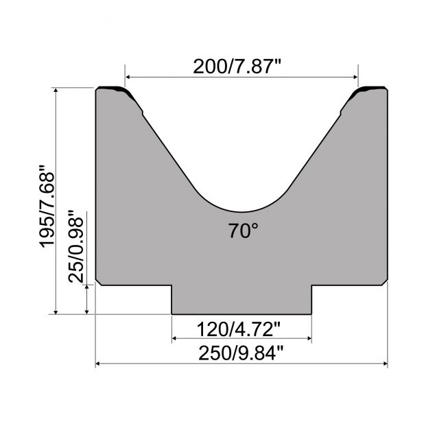 Matrice 1-V typ R1 European, výška=195mm, α=70°, rádius=15mm, materiál=C45, max. zatížení=1800kN/m.
