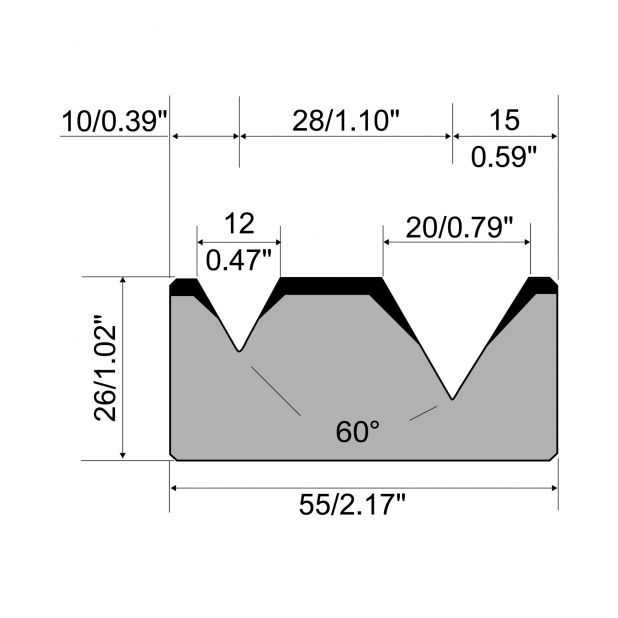 Matrice 2-V typ R1 European, výška=26mm, α=60°, rádius=0.8/3mm, materiál=C45, max. zatížení=800kN/m.
