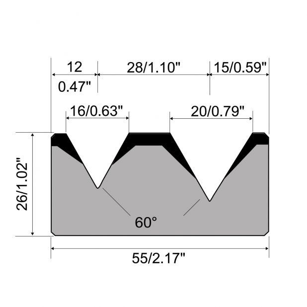 Matrice 2-V typ R1 European, výška=26mm, α=60°, rádius=3.0/3.0mm, materiál=C45, max. zatížení=800kN/m