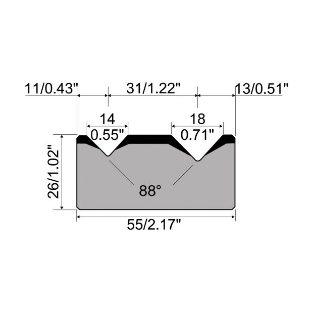 Matrice 2-V typ R1 European, výška=26mm, α=88°, rádius=2.75/3mm, materiál=C45, max. zatížení=1000kN/m