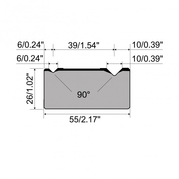 Matrice 2-V typ R1 European, výška=26mm, α=90°, rádius=0.4/0.6mm, materiál=C45, max. zatížení=1000kN/