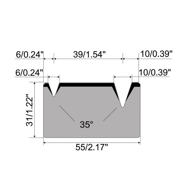 Matrice 2-V typ R1 European, výška=31mm, α=35°, rádius=0.6/1mm, materiál=C45, max. zatížení=300kN/m.