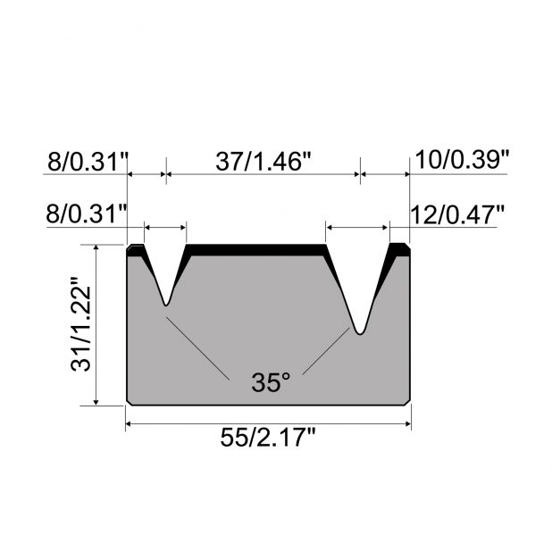 Matrice 2-V typ R1 European, výška=31mm, α=35°, rádius=1/1.2mm, materiál=C45, max. zatížení=300kN/m.