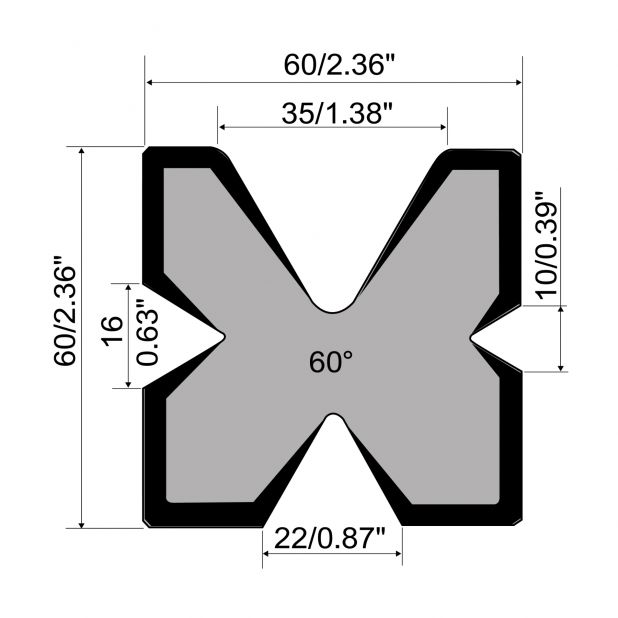 Matrice Multi-V typ R1 European, výška=60mm, α=60°, materiál=C45, max. zatížení=600kN/m.