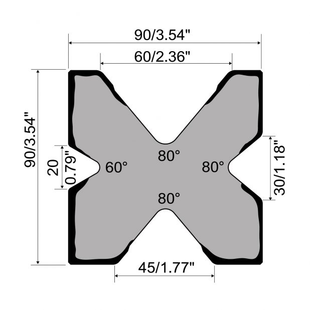 Matrice Multi-V typ R1 European, výška=90mm, α=80/60°, materiál=C45, max. zatížení=1000kN/m.