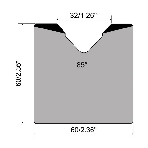 Matrice 1-V typ R1 European, výška=60mm, α=85°, rádius=4mm, materiál=C45, max. zatížení=1000kN/m.