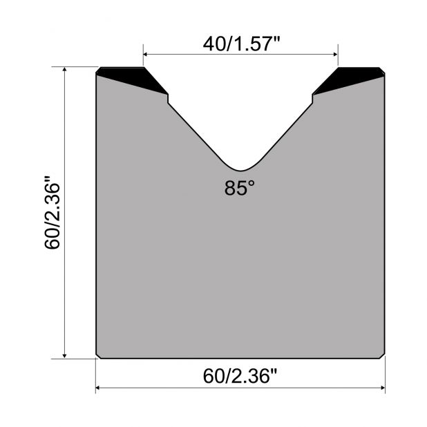 Matrice 1-V typ R1 European, výška=60mm, α=85°, rádius=4mm, materiál=C45, max. zatížení=1000kN/m.
